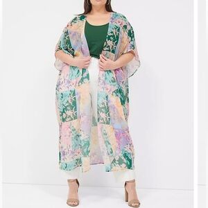 Lane Bryant boho open front green pink sheer patchwork floral maxi kimono duster
